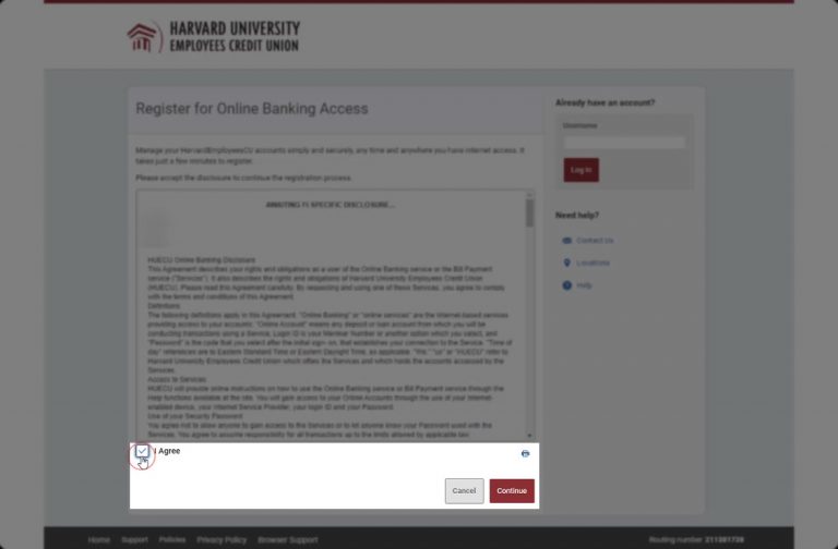 Accept-disclosures Accept disclosures on Harvard FCU online banking