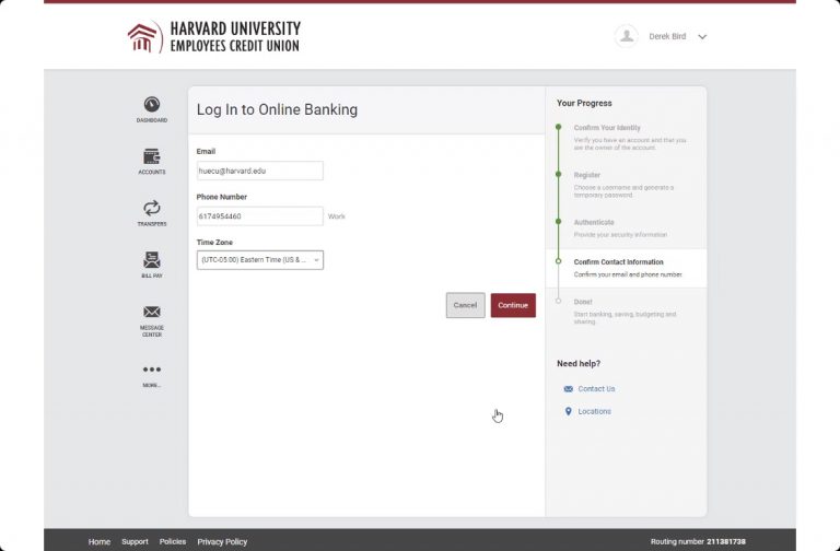 Confirm-Contact-Info Confirm contact info in Harvard FCU online banking